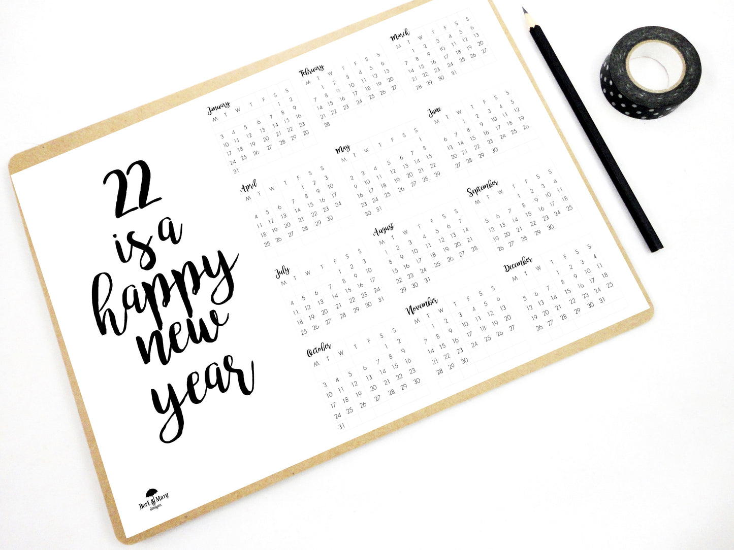 22 Happy New Year Calendar, 2022 Printable Calendar, 2022 Planner