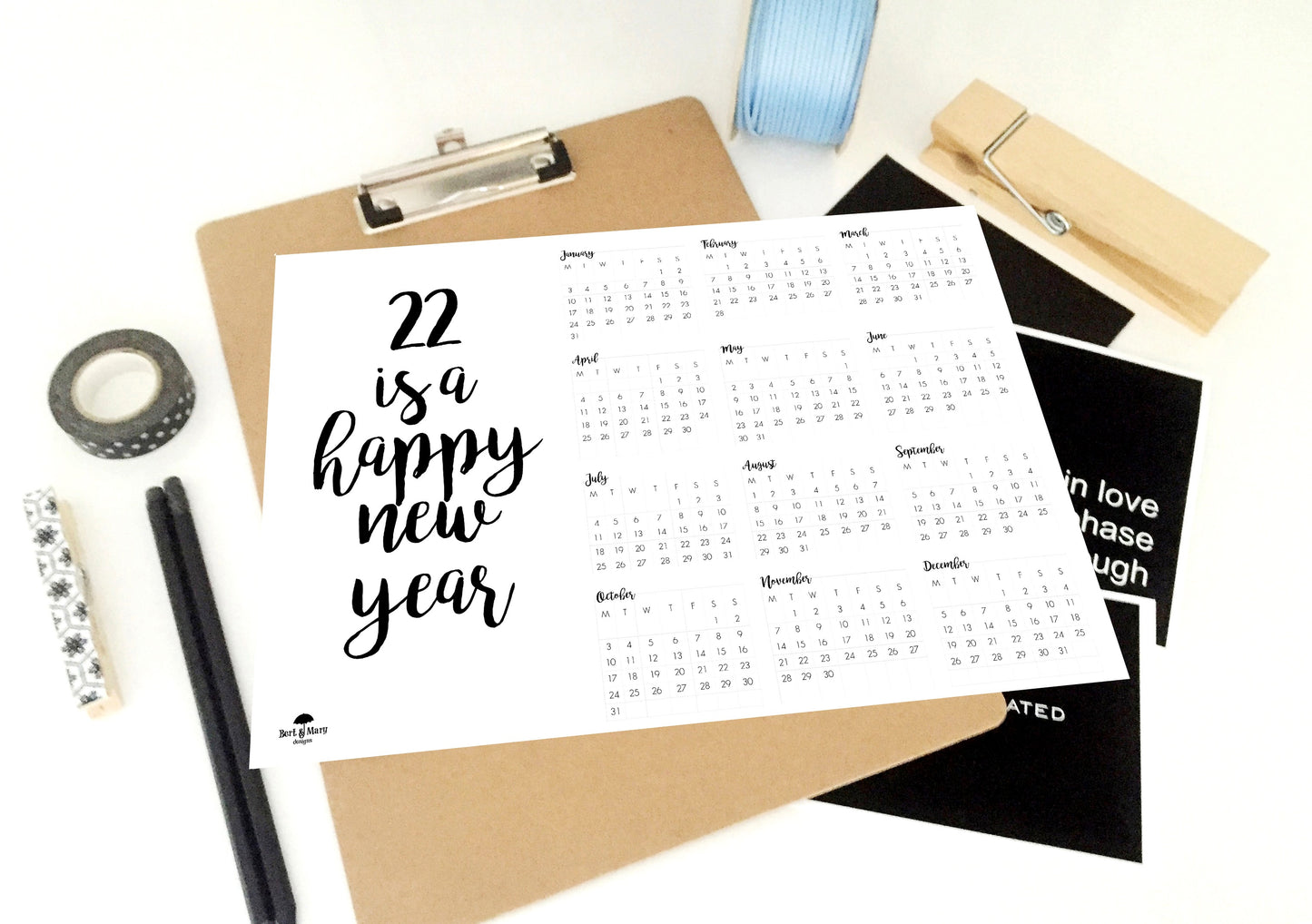 22 Happy New Year Calendar, 2022 Printable Calendar, 2022 Planner