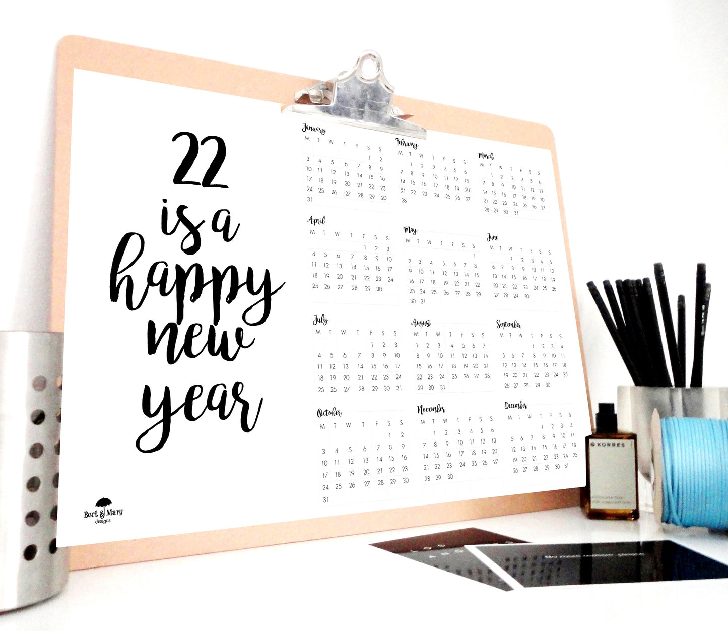 22 Happy New Year Calendar, 2022 Printable Calendar, 2022 Planner